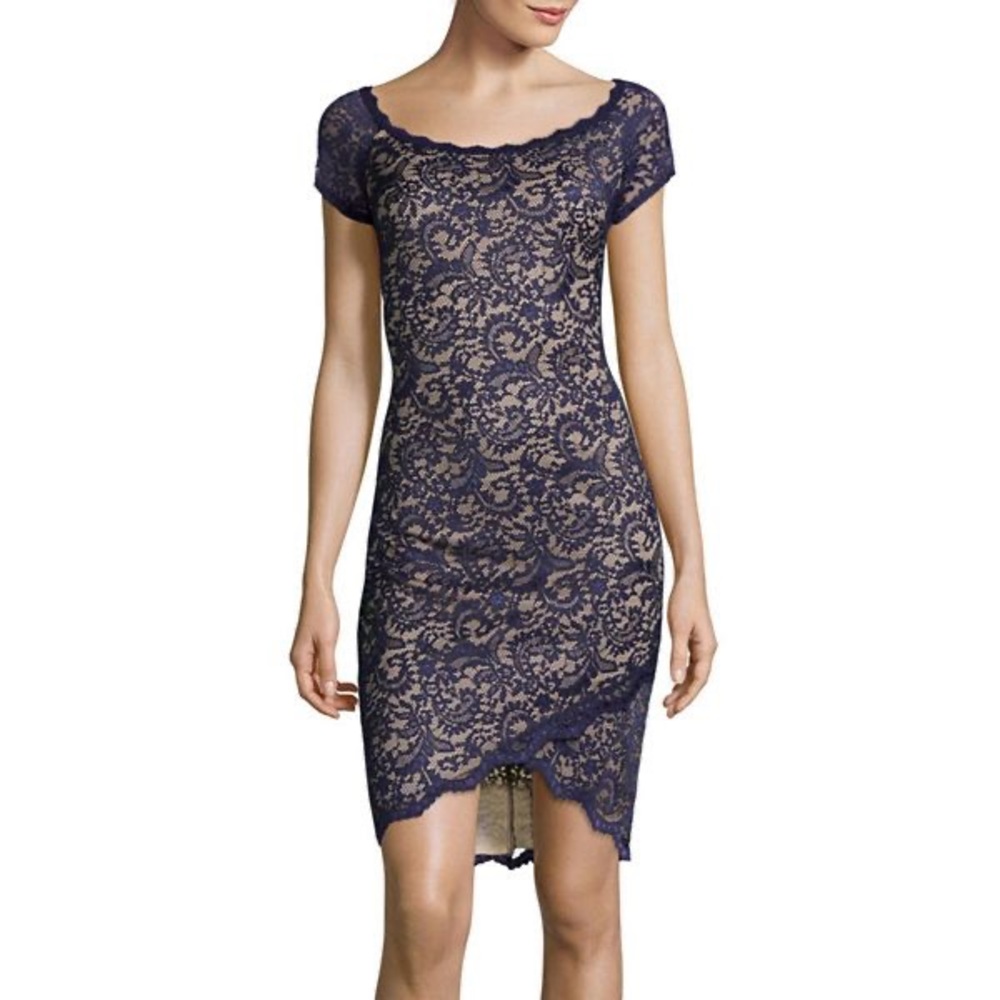 Bisou Bisou Cap Sleeve High-Low Lace Sheath Dress - Size 14 - Navy Blue